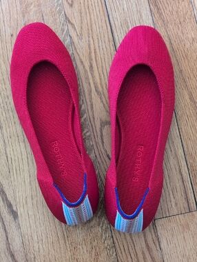 Rothy's Red Knit Ballet Flats with Striped Heel Tab